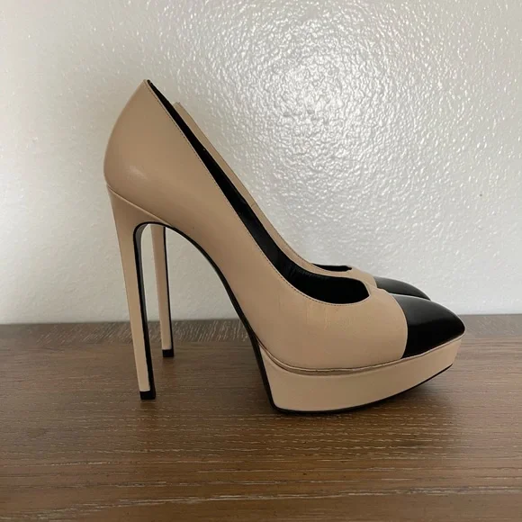 Saint Laurent Black and Cream Women's Heels - Picture 2 of 6